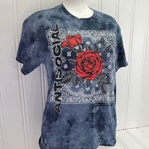 Popular Poison Antisocial‎ Rose Bandana Graphic T Shirt Medium Blue Tie Dye